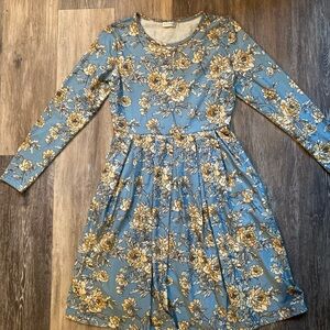 Dainty Floral Pleated Blue Midi Dress Medium Modest Cottagecore Soft Boho Femme
